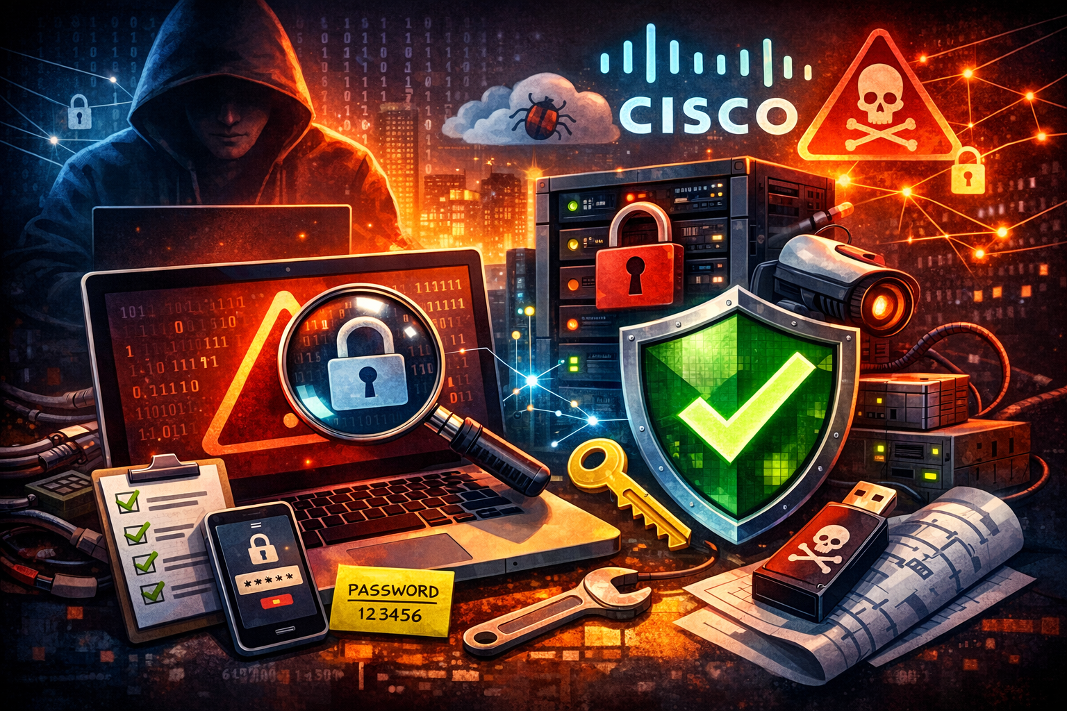 Titelbild: Cisco FMC: Kritische Root-Lücken (CVE-2026-20079/20131) – Betroffenheit prüfen & sofort patchen – Artikel von Mika Schmidt